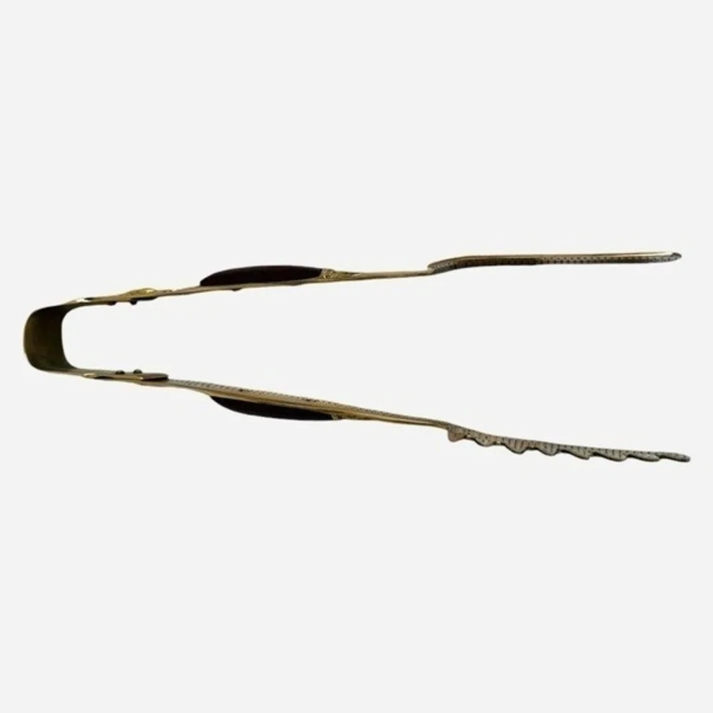 Vintage Thai Handmade Brass Wood Ice Tongs Serving Gold Brown Thailand NWOB